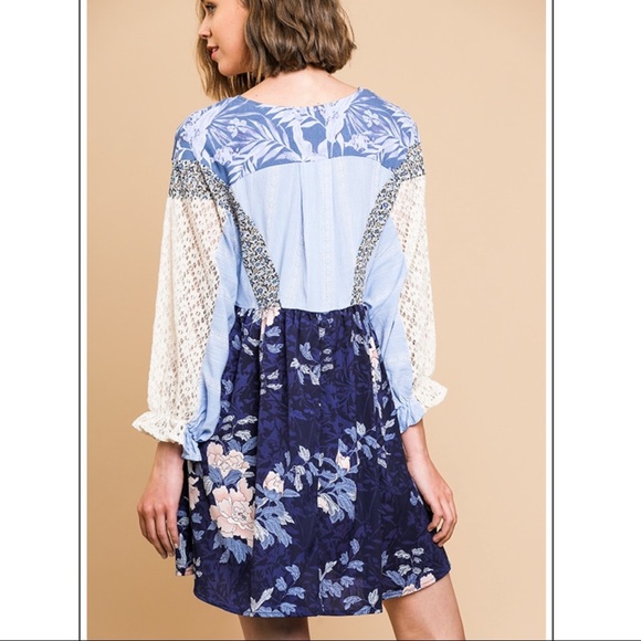 π₯HPπ₯ Mixed Print Lace Puff Sleeve Babydoll Dress - Picture 5 of 6
